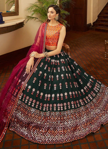 Elegant Look Bottle Green Georgette Lehenga With Gota Patti Work
